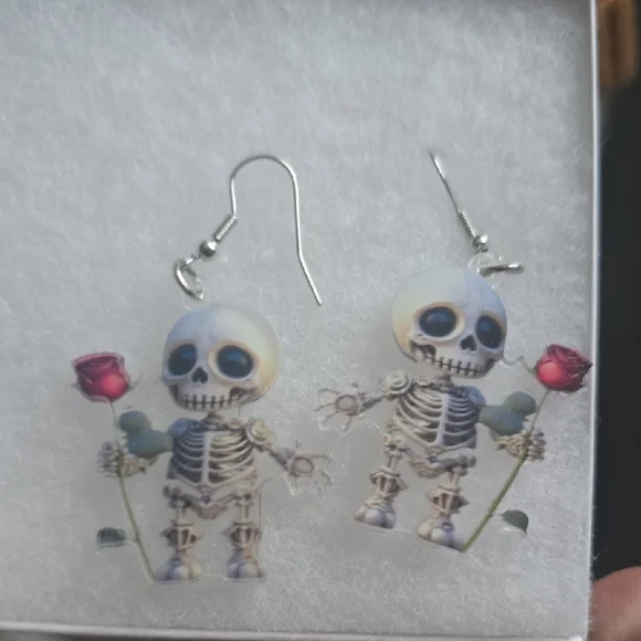 Skeleton Earrings with Red Rose - Picture 2 of 2